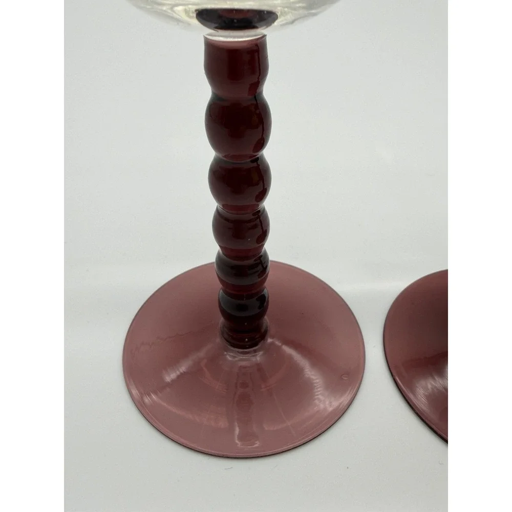 Set of 2 Cranberry Stem Wine Glasses Clear Bowl Knobby Stem Art Glass Goblets 6